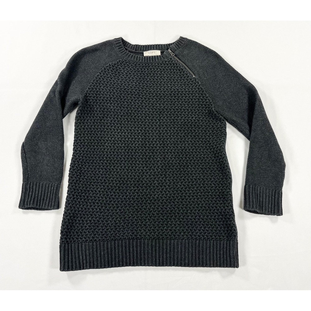 LOFT 100% Cotton Shoulder Zip Textured Knit Sweater Charcoal Gray Women's Small